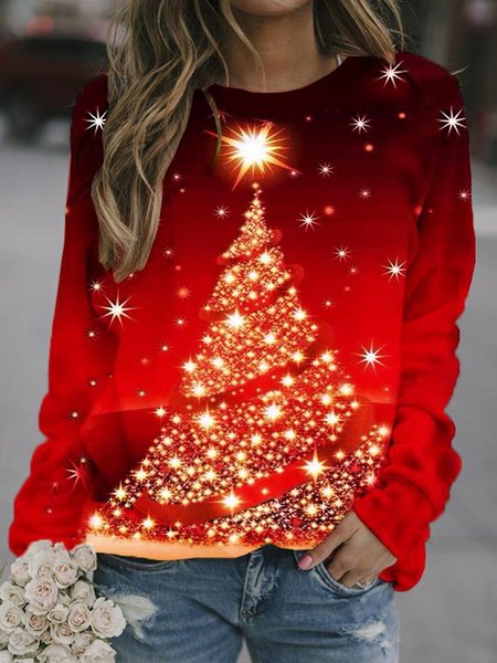 

Ladies Christmas Red Crew Neck Cotton-Blend Casual Sweatshirt, Tops
