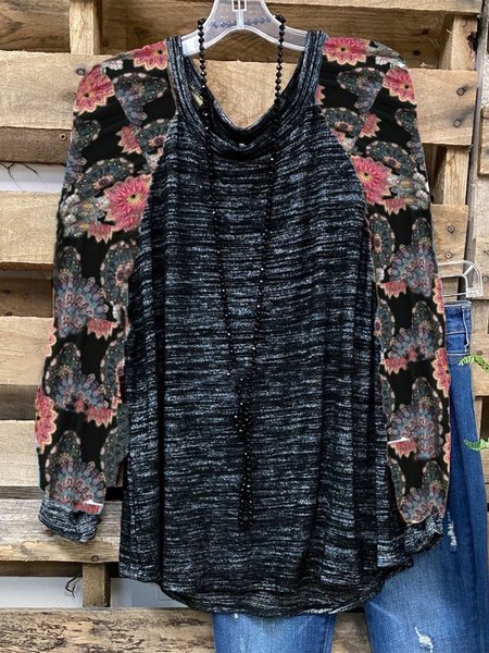 

Gray Crew Neck Casual Floral Cotton-Blend Tops, Long sleeve tops