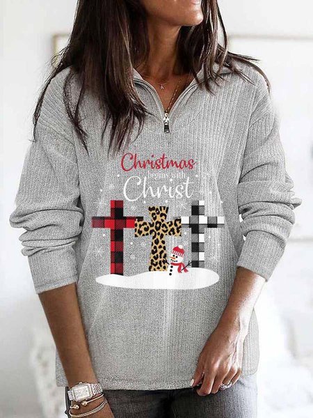 

Women's Christmas Begins With Christ Print Zip Top & Sweatshirt, Gray, Tops