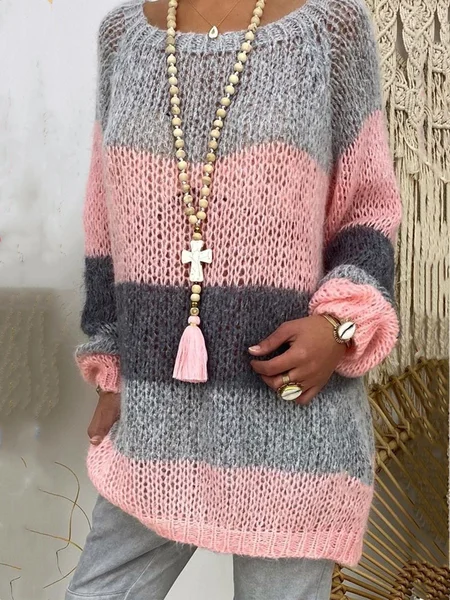 

Gray & Pink Color-block Long Sleeve Casual Sweater, Sweaters