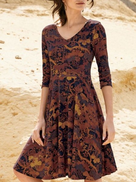 

Multicolore 3/4 Manica Stampato Casuale Scollo a V Abito, Casual Dresses