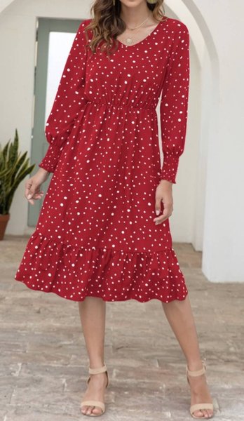 

Wave dot slim lantern sleeve dress, Red, Dresses