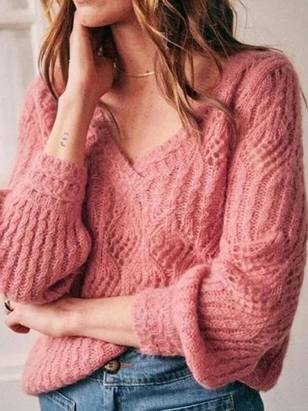 

Pink V Neck Casual Sweater, Sweaters