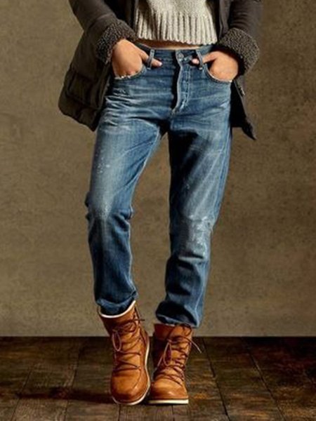 

Vintage Blue Denim Washed Shift Casual Pants, Bottoms