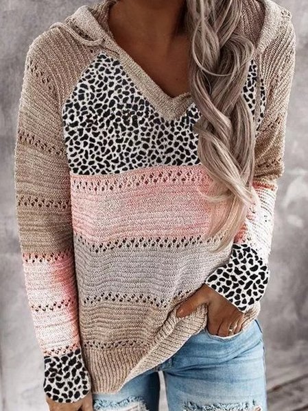 

Long Sleeve V Neck Cotton-Blend Leopard Sweater, Pink, Sweaters