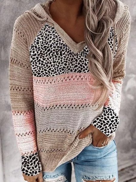 

Long Sleeve V Neck Cotton-Blend Leopard Sweater, Pink, Knitwear & Sweaters
