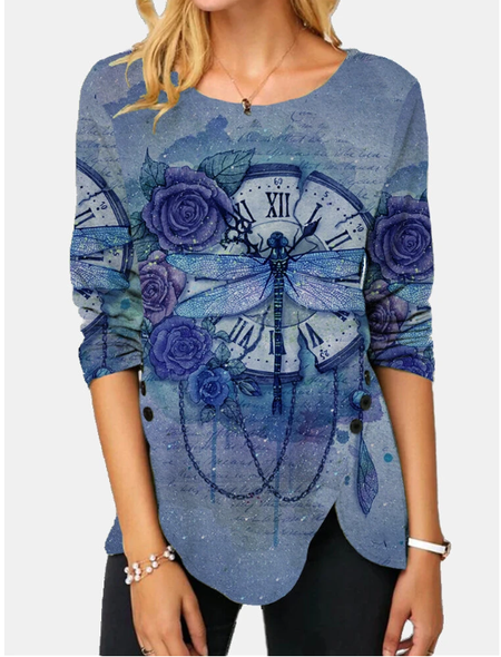 

Dragonfly Floral A-Line Vintage Shirts & Tops, Blue, Long sleeves