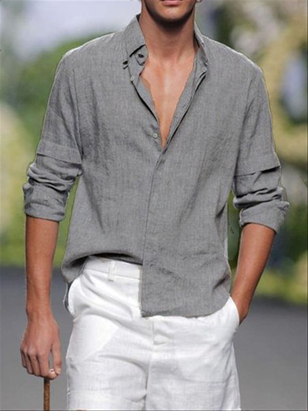 

Linen Solid Stand Collar Casual Shirts, Light gray, Men's basic shirt
