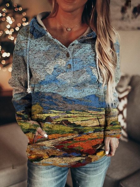 Painting Print Long Sleeve Cotton-Blend Hoodie Sweatshirts, Multicolor, Tops