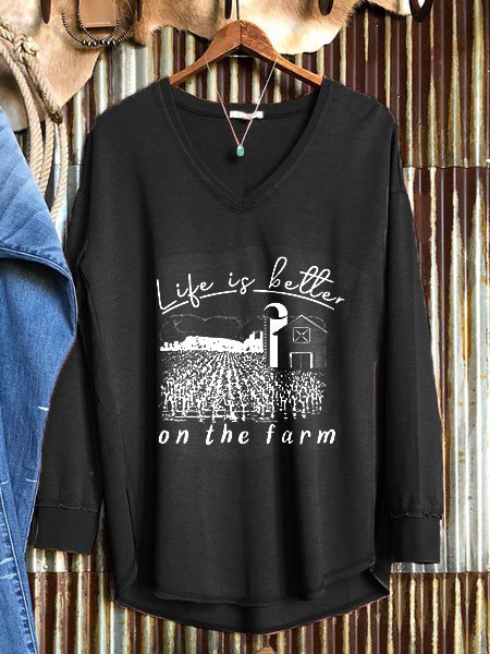 

On the Farm Printed Black Casual Cotton-Blend V Neck Printed Sweatshirt, Hoodies&Sweatshirts