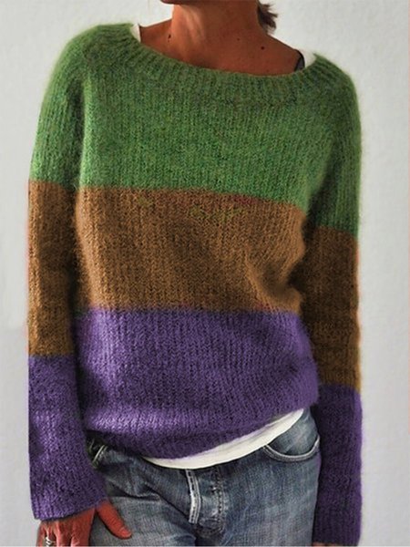 

Green Casual Color-Block Crew Neck Sweater, Sweaters