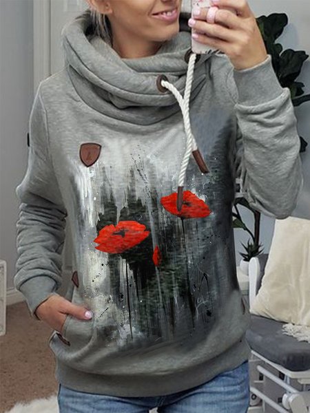 

Gray Long Sleeve Floral-Print Hoodie Floral Sweatshirt, Hoodies&Sweatshirts