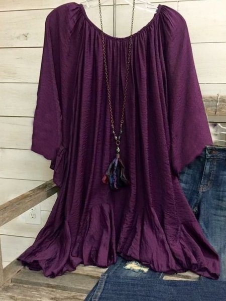 

Casual 3/4 Sleeve Round Neck Plus Size Tops, Purple, Tops