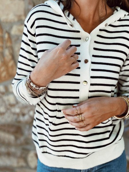 

White-Black Striped Casual Sweatshirt, Hoodies&Sweatshirts
