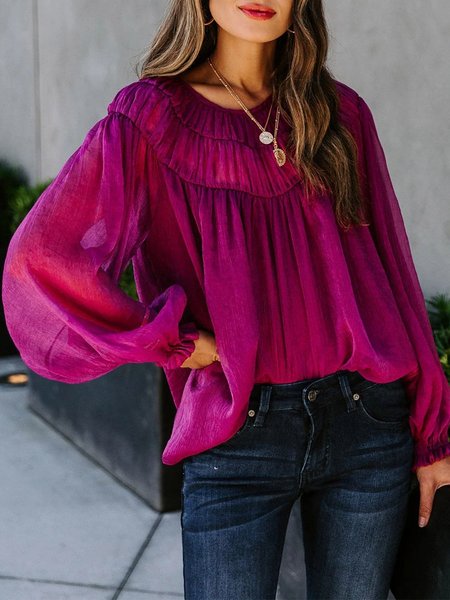 

Purple Long Sleeve Crew Neck Solid Shift Top, Blouses and Shirts