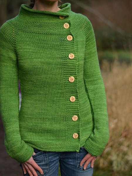 

Solid Crew Neck Knit Sweater Crew Neck Button Cardigan Sweater, Green, Outerwear