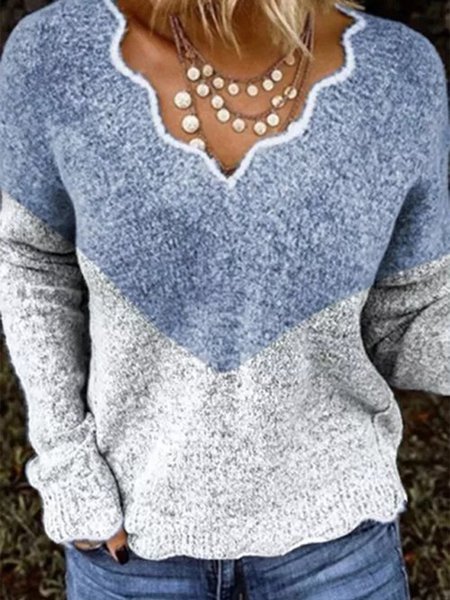 

V-Neckline Color Block Casual Loose Regular Shift Sweaters, Light blue, Sweaters