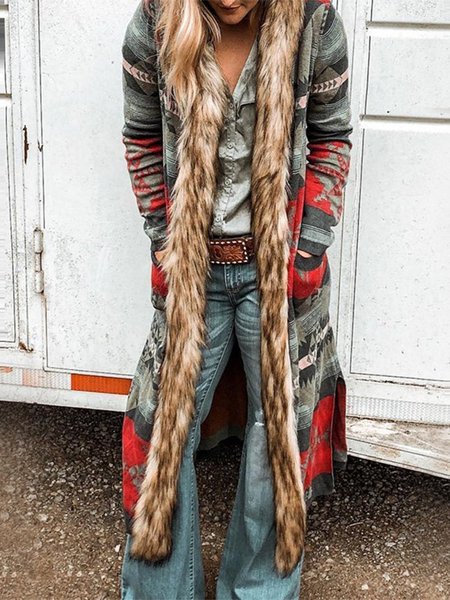 

Long - sleeved printed long - cut coat with fur collar, Red, Cardigans