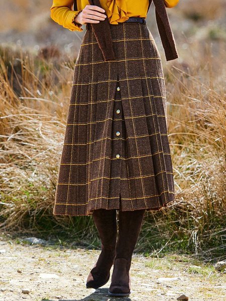 

Vintage Increspato Abbottonato A-line Mini Gonna a Quadri, Skirts