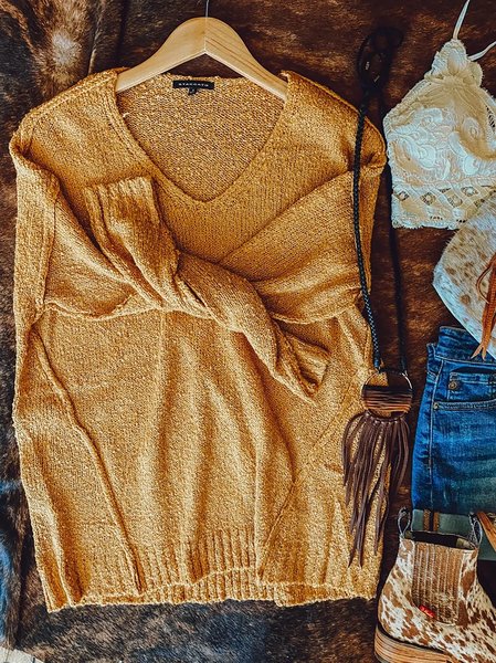 

Yellow V Neck Acrylic Shift Long Sleeve Sweater, Sweaters