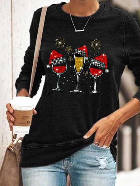 

Christmas red wine glass Christmas hat printed woolen top, Black, Long sleeve tops