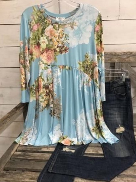 

Casual Long Sleeve Round Neck Plus Size Printed Tops, Blue, Blouses & Shirts