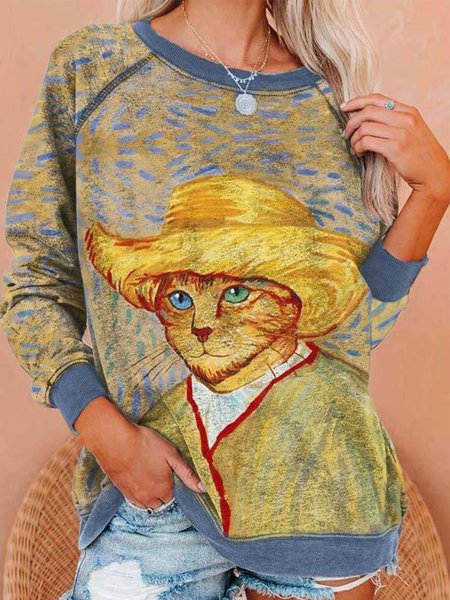 

Vintage Long Sleeve Statement Cat Printed Plus Size Casual Sweatshirt Tops, As picture, Hoodies&Sweatshirts