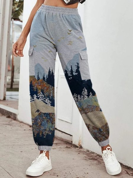 

Mountain Printed Pouch Vintage Pockets Sports Pants, Gray, Pants