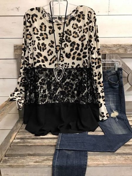 

Casuale Maniche Lunghe Girocollo Taglia Grande Stampato Top, Cachi, Blouses & Shirts