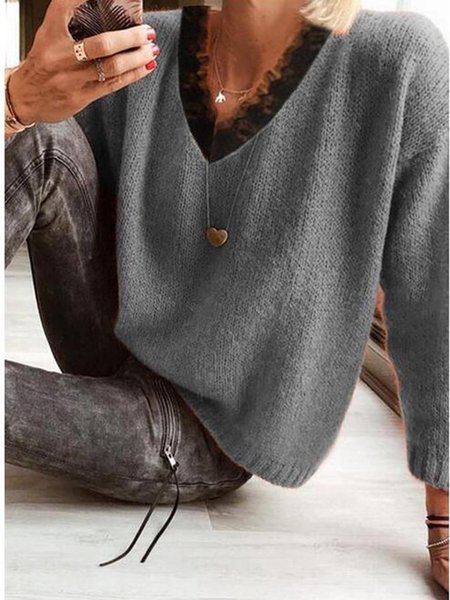 Casual Long Sleeve Sweater, Gray, Sweaters