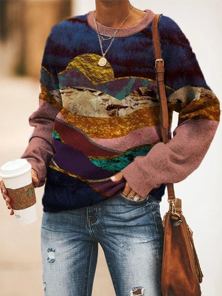 

Vintage Long Sleeve Landscape Printed Plus Size Statement Casual Sweatshirt Tops, Multicolor, Hoodies & Sweatshirts