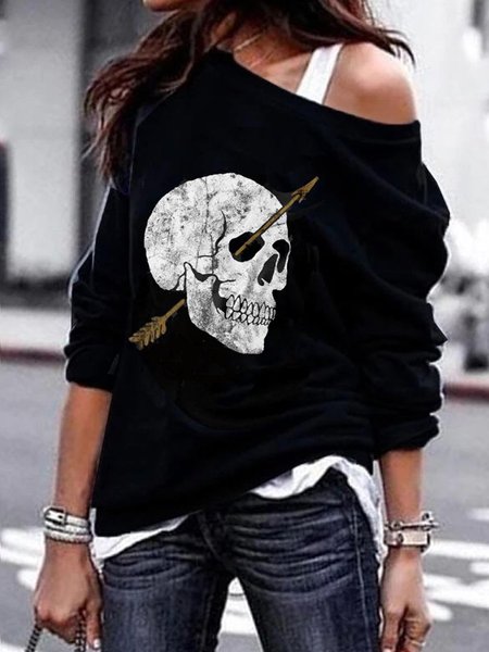 

Long Sleeve Skull Cotton-Blend Shirts & Tops, Black, Winter Clearance