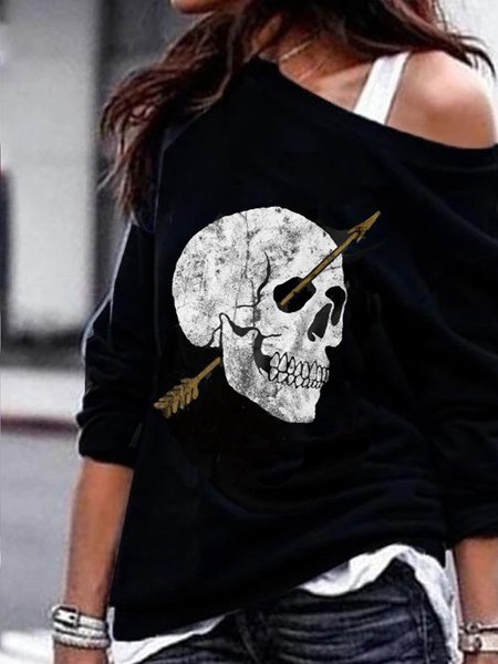 

Long Sleeve Skull Cotton-Blend Top, Black, Tops