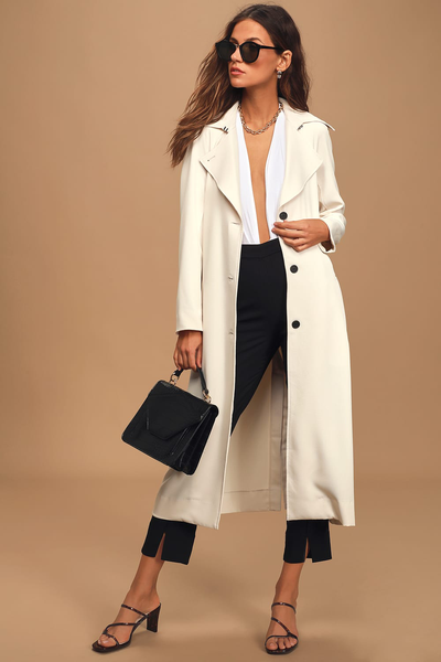 

White Long Sleeve Casual Trench coat, Trench Coats