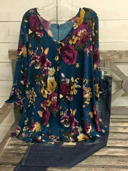 

Casual Long Sleeve V Neck Plus Size Printed Tops, Blue, Tops