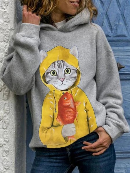 

Vintage Felpa Con Cappuccio Maniche Lunghe Gatto Pesce Stampato Taglia Grande Statement Casuale Felpa, Grigio, Hoodies & Sweatshirts