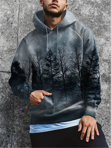 

Men's fashion night sky forest print hooded casual sweater, Gray, Hoodies