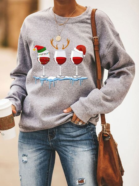 

Wine Glass Christmas Hat Print Long Sleeve Sweatshirts, Gray, Sweatshirts & Hoodies