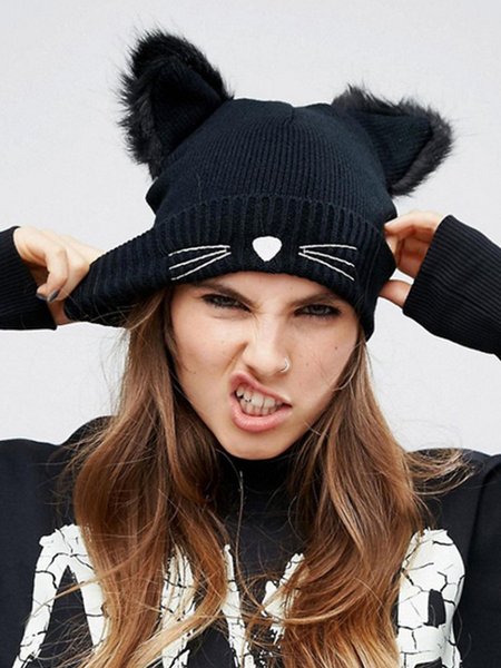 

Cat ears fur hat Ladies embroidered knitted hat, Black, Hats