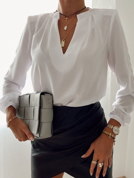 

V Neck Solid Long Sleeve Shirts & Tops, White, Tops