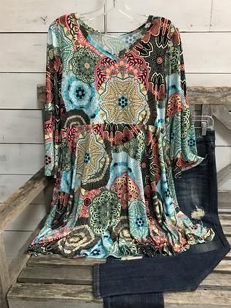 

Vintage Multicolor Plus Size Long Sleeve V Neck Statement Geometric Printed Casual Tops, Tops