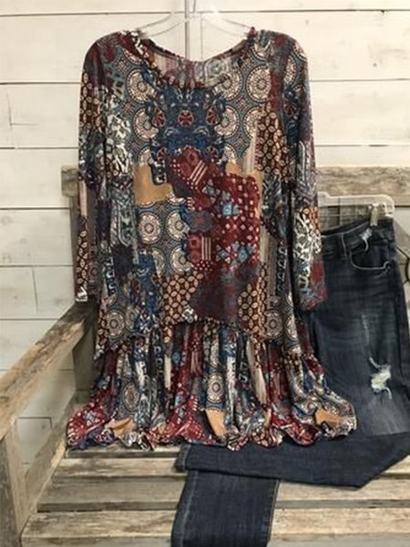 

Vintage Multicolor Plus Size Long Sleeve Crew Neck Statement Geometric Printed Casual Tops, Blouses & Shirts