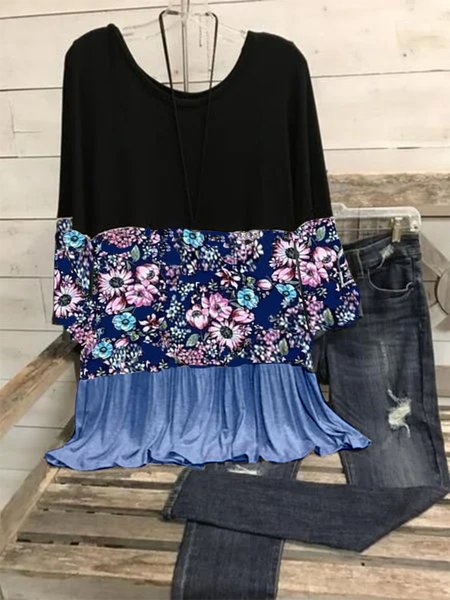 

Stampato Girocollo Vintage Top Nero Misto Cotone, Blouses & Shirts