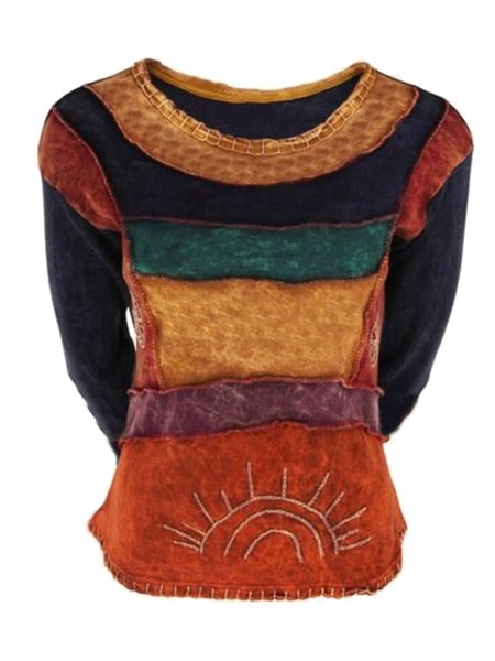 Casual Long Sleeve Round Neck Plus Size Printed Tops, Orange, Blouses & Shirts