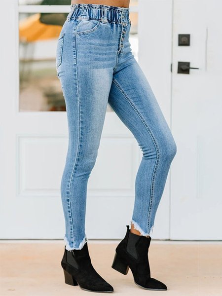 

Simple High-waisted Hip Slim-fit Elastic Jeans, Light blue, Jeans