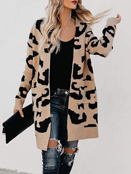 

Vintage Printed V Neck Leopard Sweater coat, Khaki, Sweaters