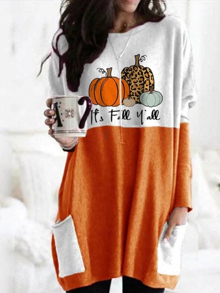 

Round Neck Long Sleeve Cotton Casual Shirts & Tops, Orange, T-Shirts