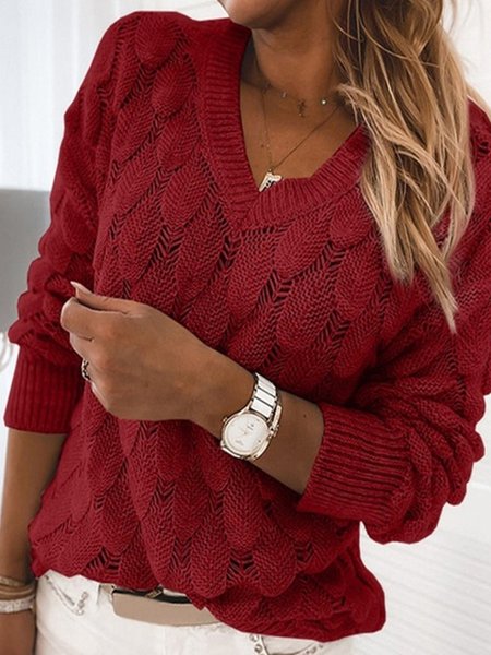 

Vintage Plain Cable Three-dimensional Feather Cutout Long Sleeve V Neck Plus Size Casual Sweater, Red, Knitwear & Sweaters