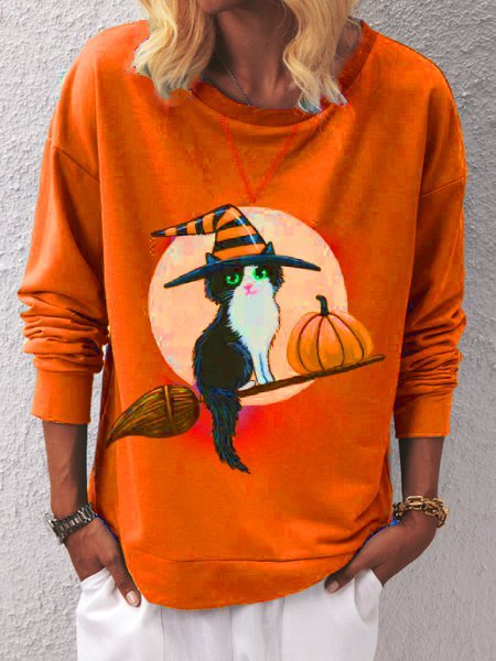 

Orange Bateau/boat Neck Casual Animal Shift Sweatshirt, Tops