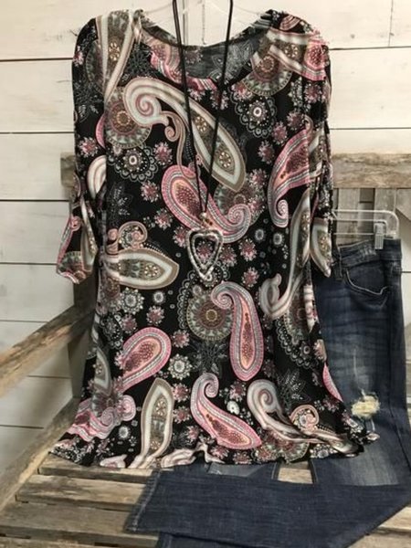 

Casuale 3/4 Manica Girocollo Taglia Grande Stampato Top, Nero, Blouses & Shirts